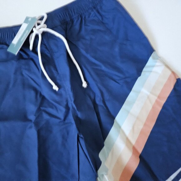 Well Dressed Wolf Wildling NWT Young Mens Navy Camp Stripe Swim Shorts - Picture 2 of 2